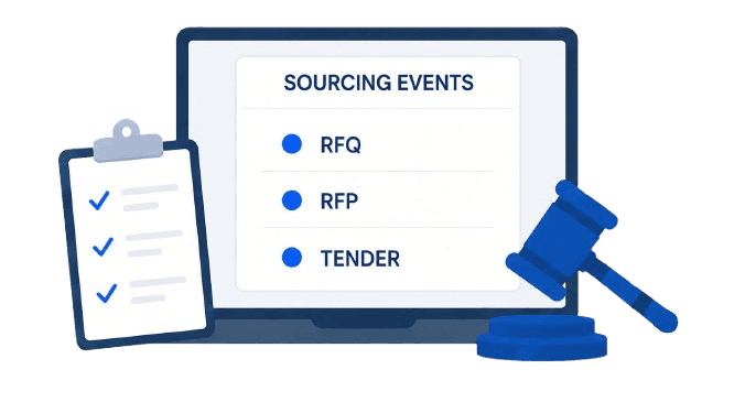 Sourcing events screen showing RFQ, RFP and tender listings